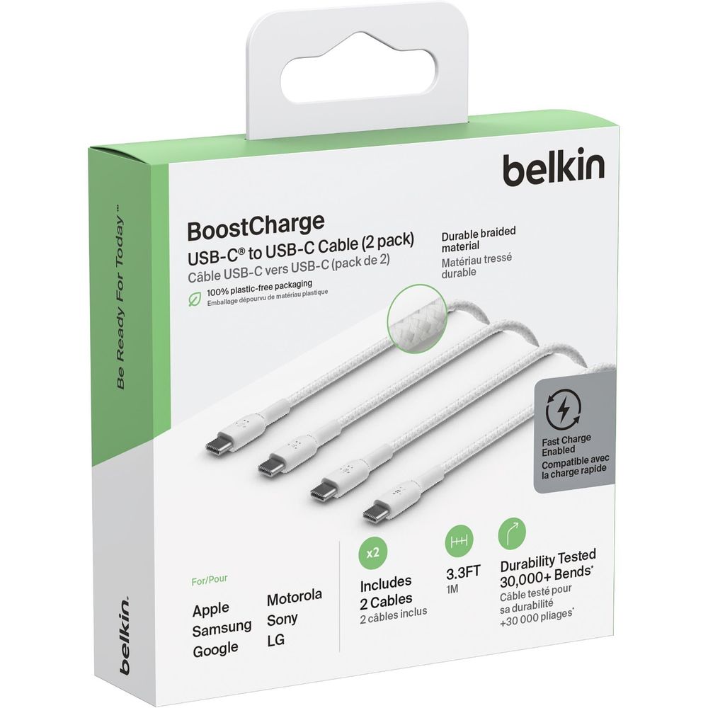Belkin BoostCharge 60W Braided USB-C Cable (1m) [White] - 2 Pack