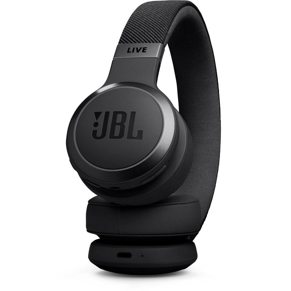 Black JBL on-ear headphones with swivel ear cups and padded headband, front-left angle