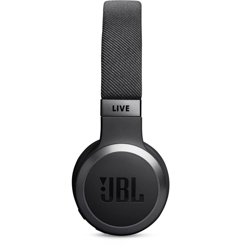 Black JBL on-ear headphones with textured headband and padded ear cup, side view