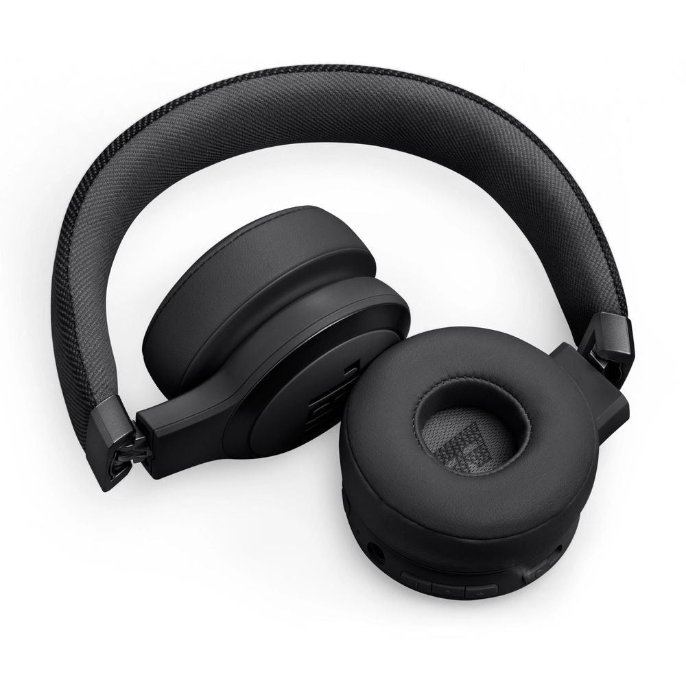 Black JBL on-ear headphones with cushioned ear cups and visible charging/controls port