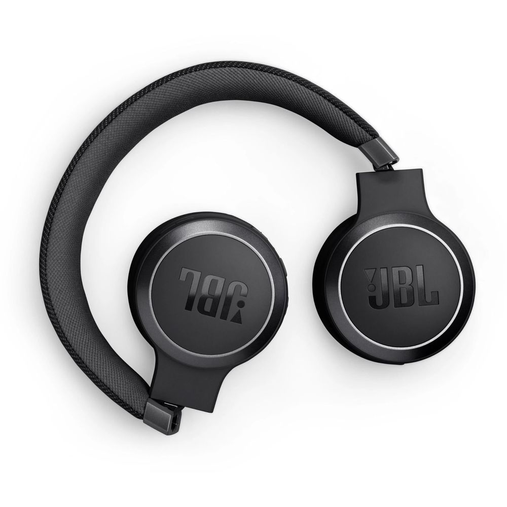 Black JBL on-ear headphones with metal-trimmed ear cups and adjustable headband, top view