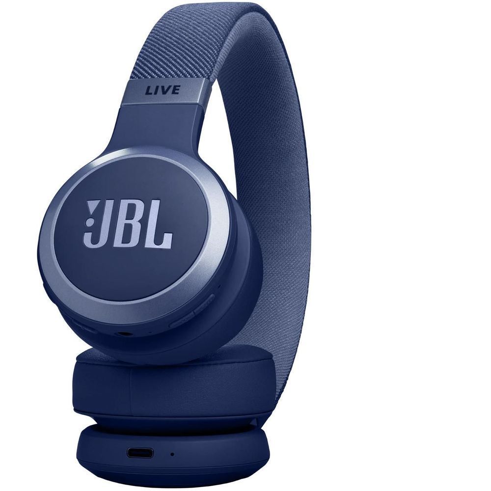 Blue on-ear wireless headphones with padded headband and JBL logo on earcup
