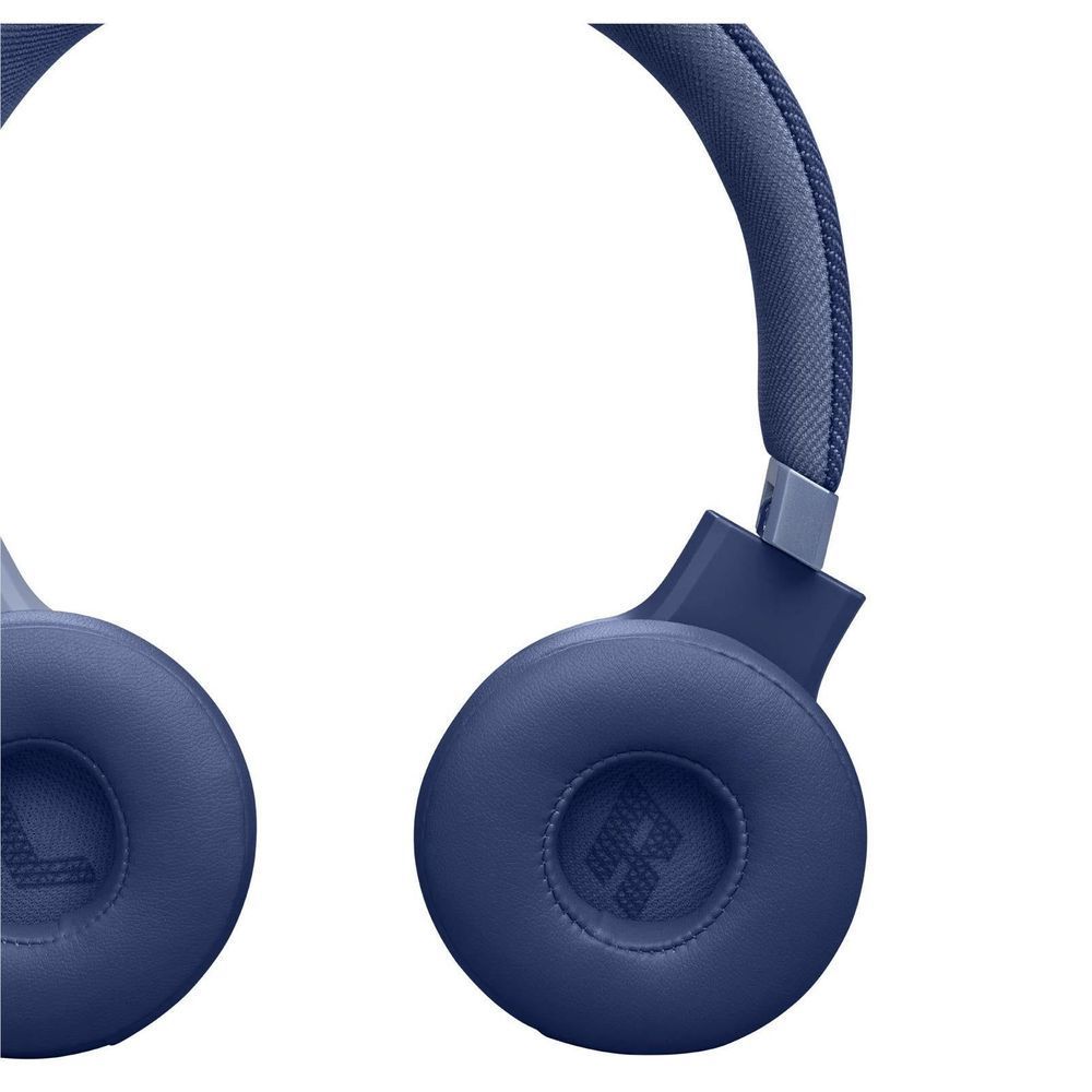Blue on-ear wireless headphones earcups with cushioned pads and side button