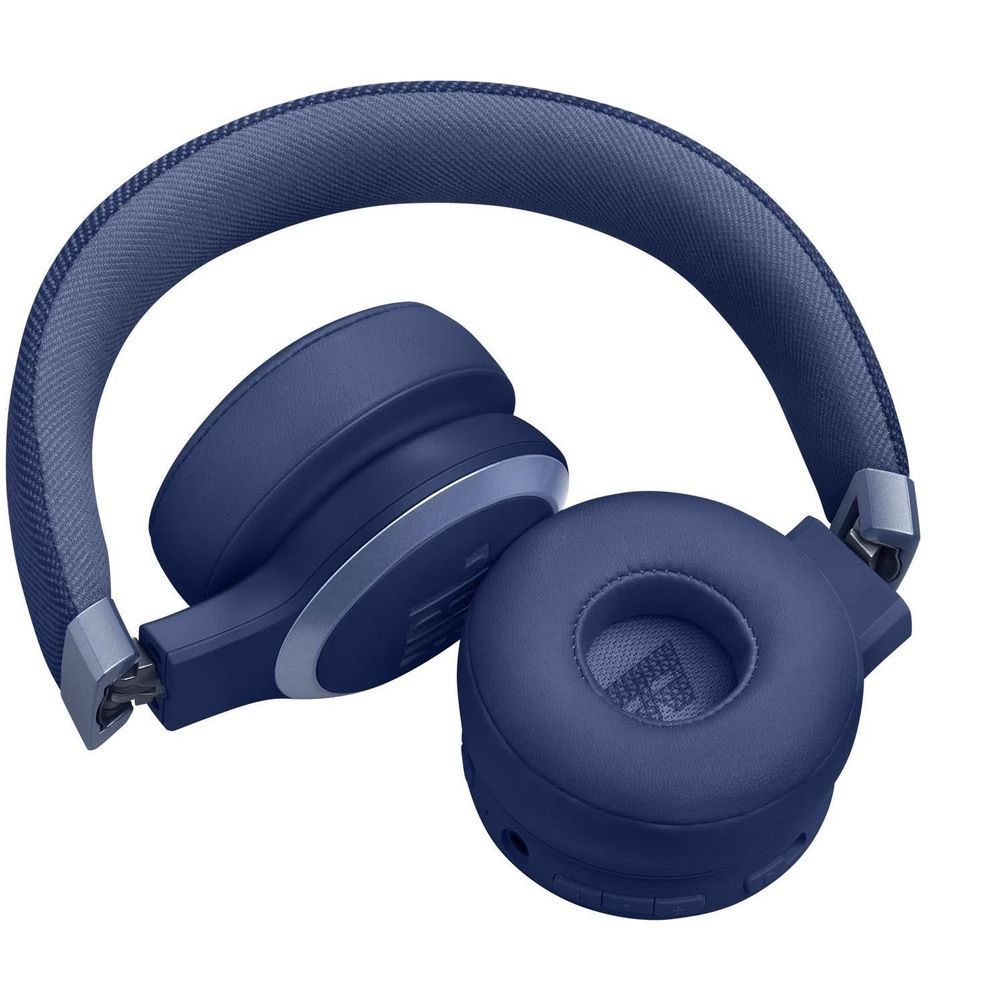 Blue on-ear wireless headphones showing fold-flat earcups and padded ear pad