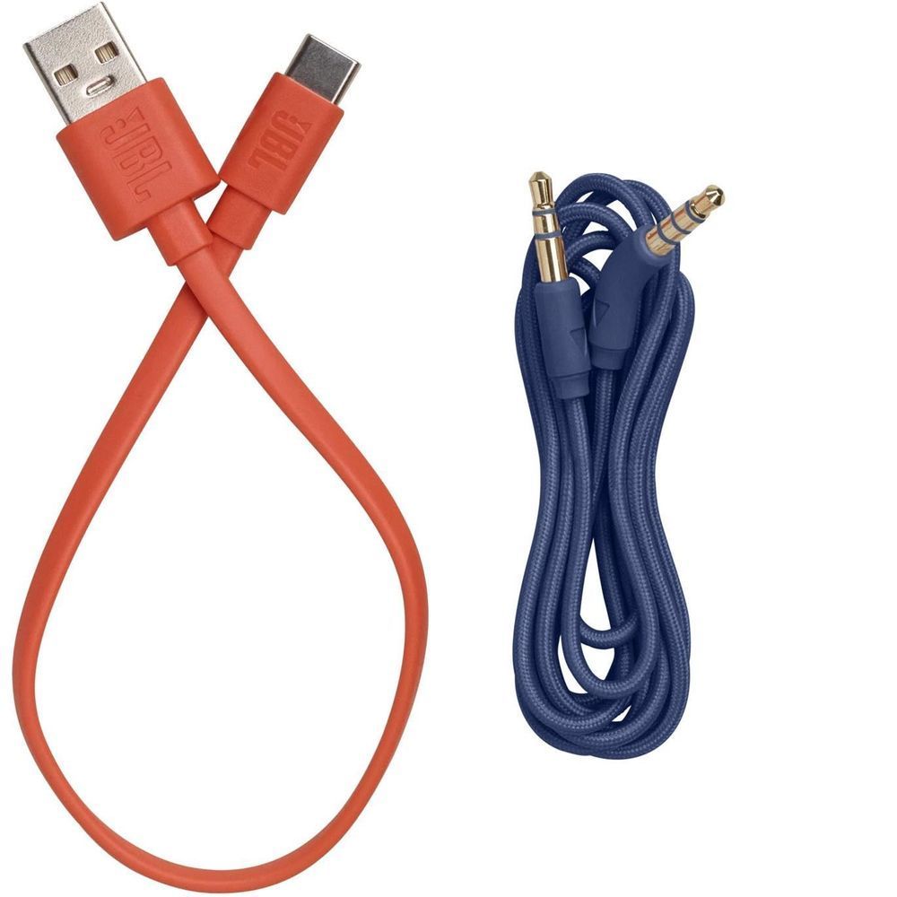 USB-to-connector cables: blue cord with gold plugs and red cable with USB-A ends
