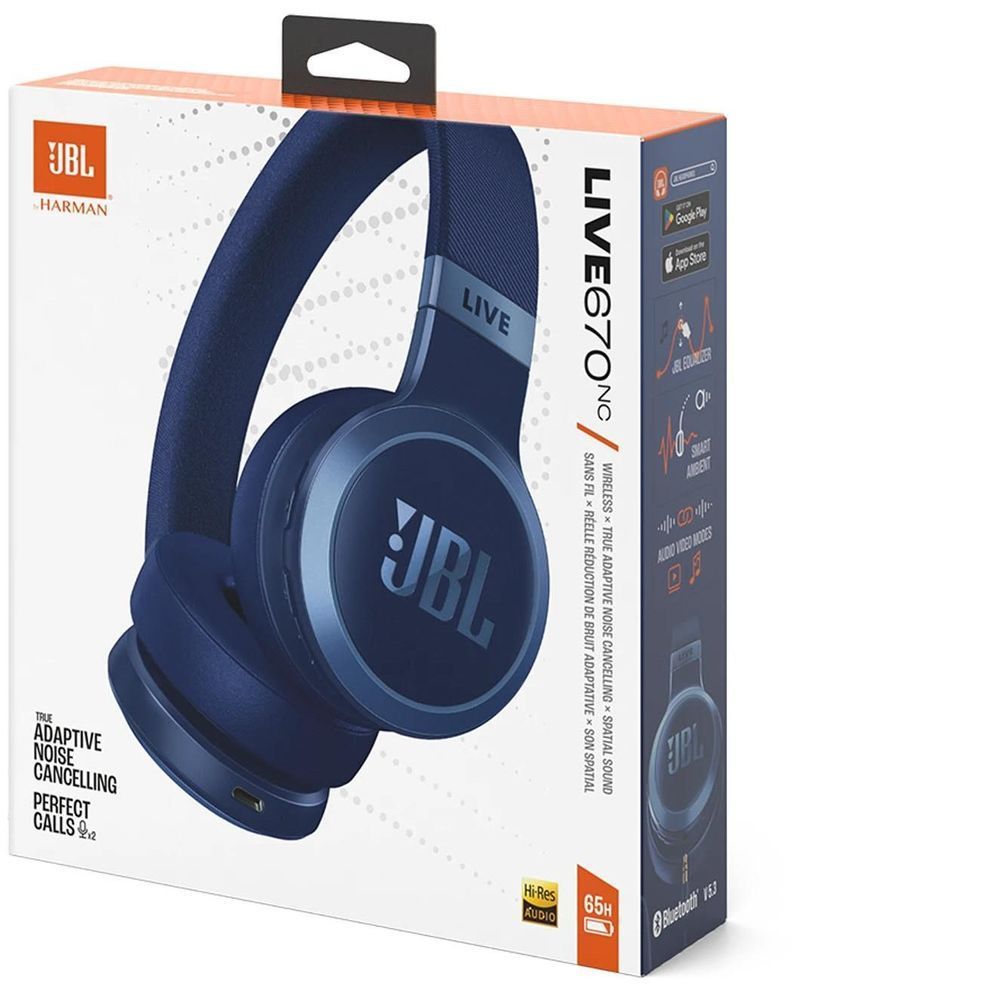 JBL Live 670 retail box with blue on-ear wireless headphones pictured