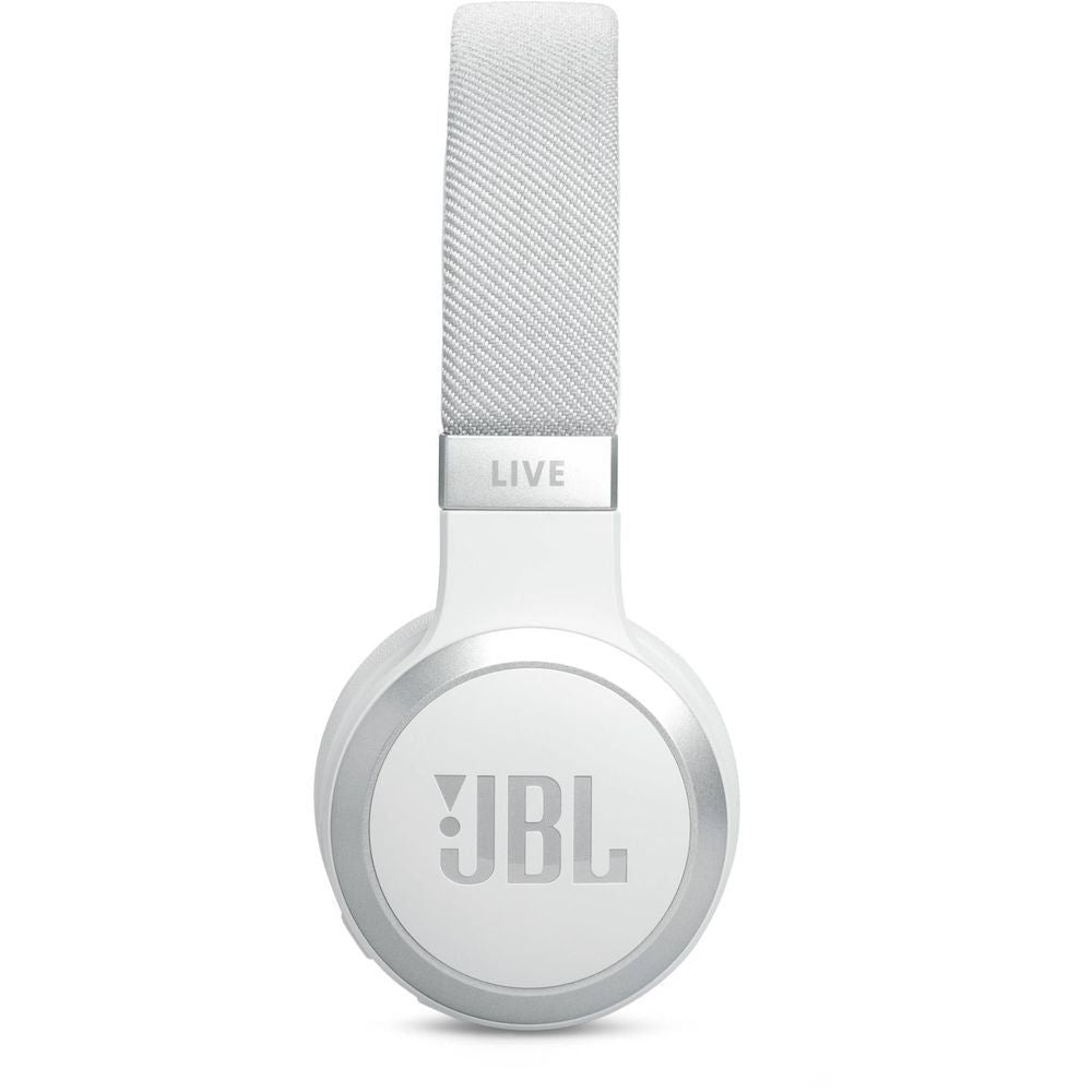 White on-ear wireless headphones with headband and JBL logo on front ear cup
