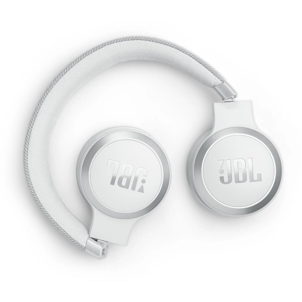White on-ear wireless headphones with two ear cups side-by-side and JBL logos