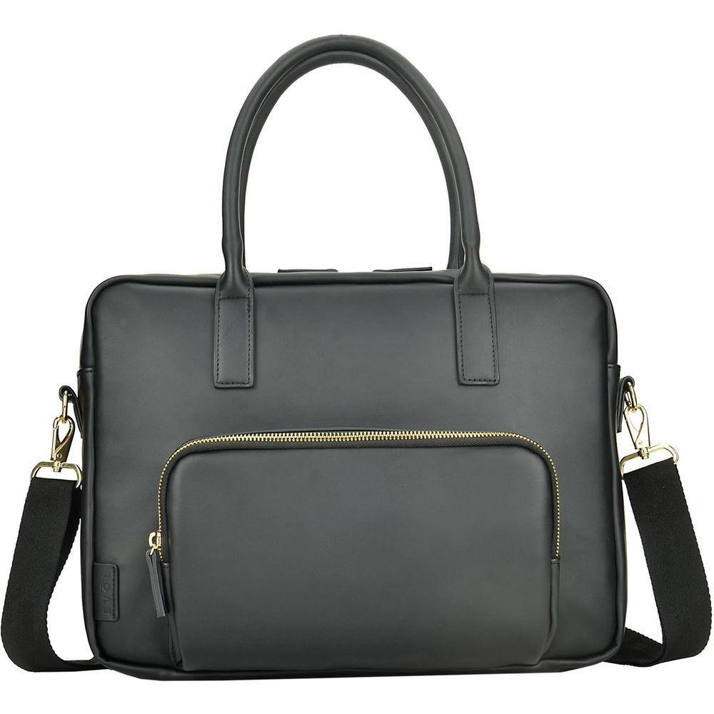 Black PU laptop briefcase with top handles, front zip pocket, and adjustable shoulder strap.