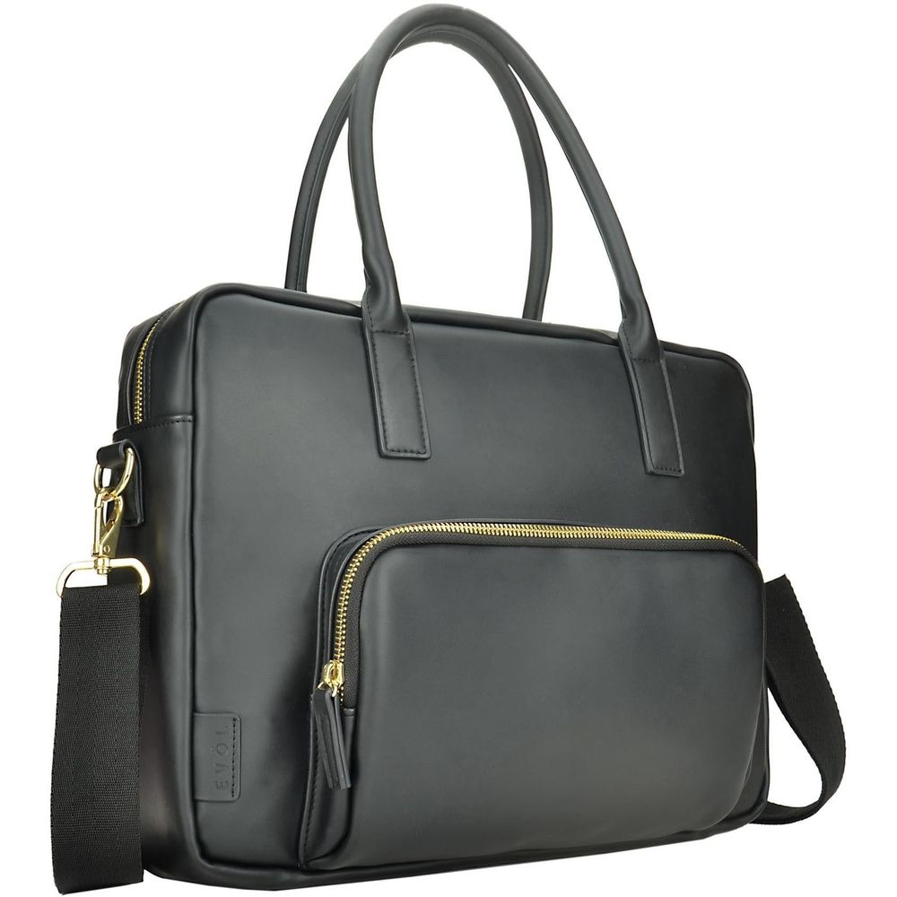 Black laptop briefcase with front zip pocket, top handles, and crossbody shoulder strap.
