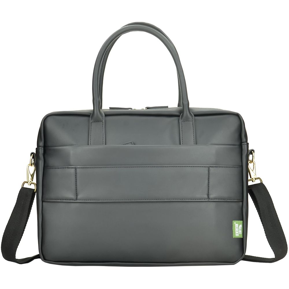 Black laptop briefcase with top handles, structured front panel, and side shoulder straps.