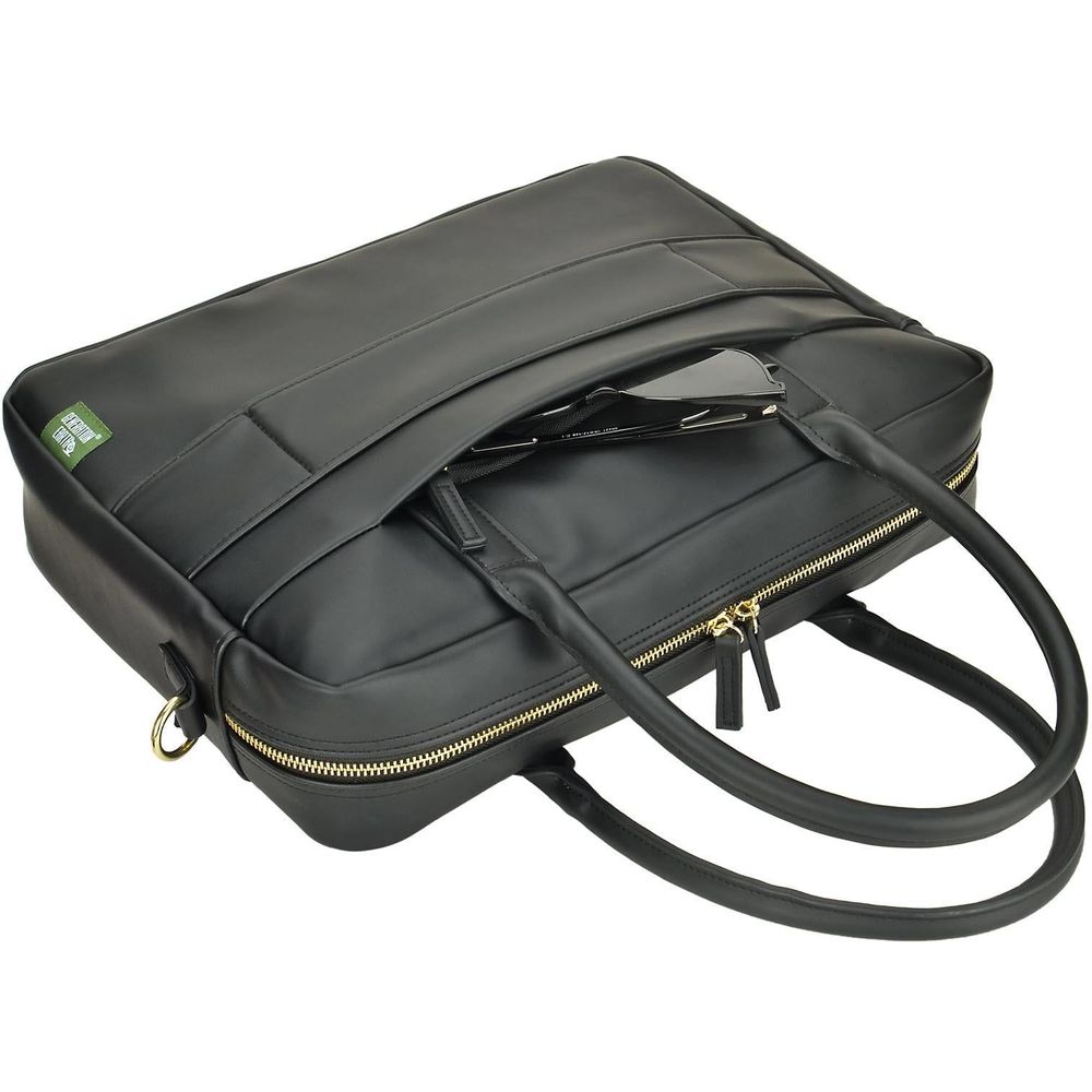 Black laptop briefcase with open top showing interior zip pocket and handles.