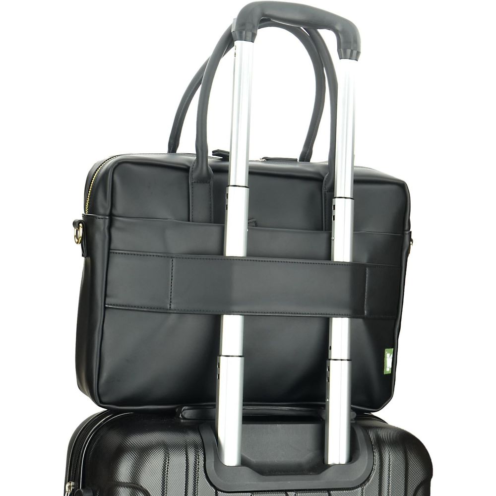 Black laptop briefcase with integrated luggage-style handle for stacking on rolling cases.