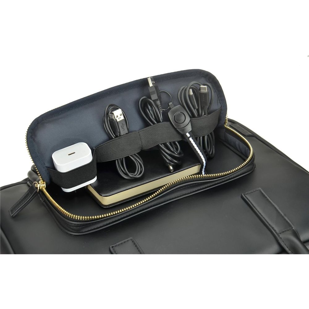 Black laptop briefcase with internal cable organizer and zip pocket for accessories.