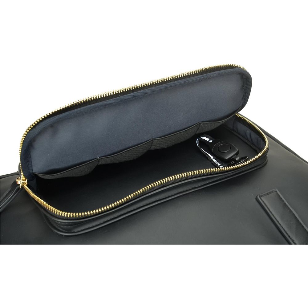 Black laptop briefcase interior with zip pocket holding small electronics and cables.