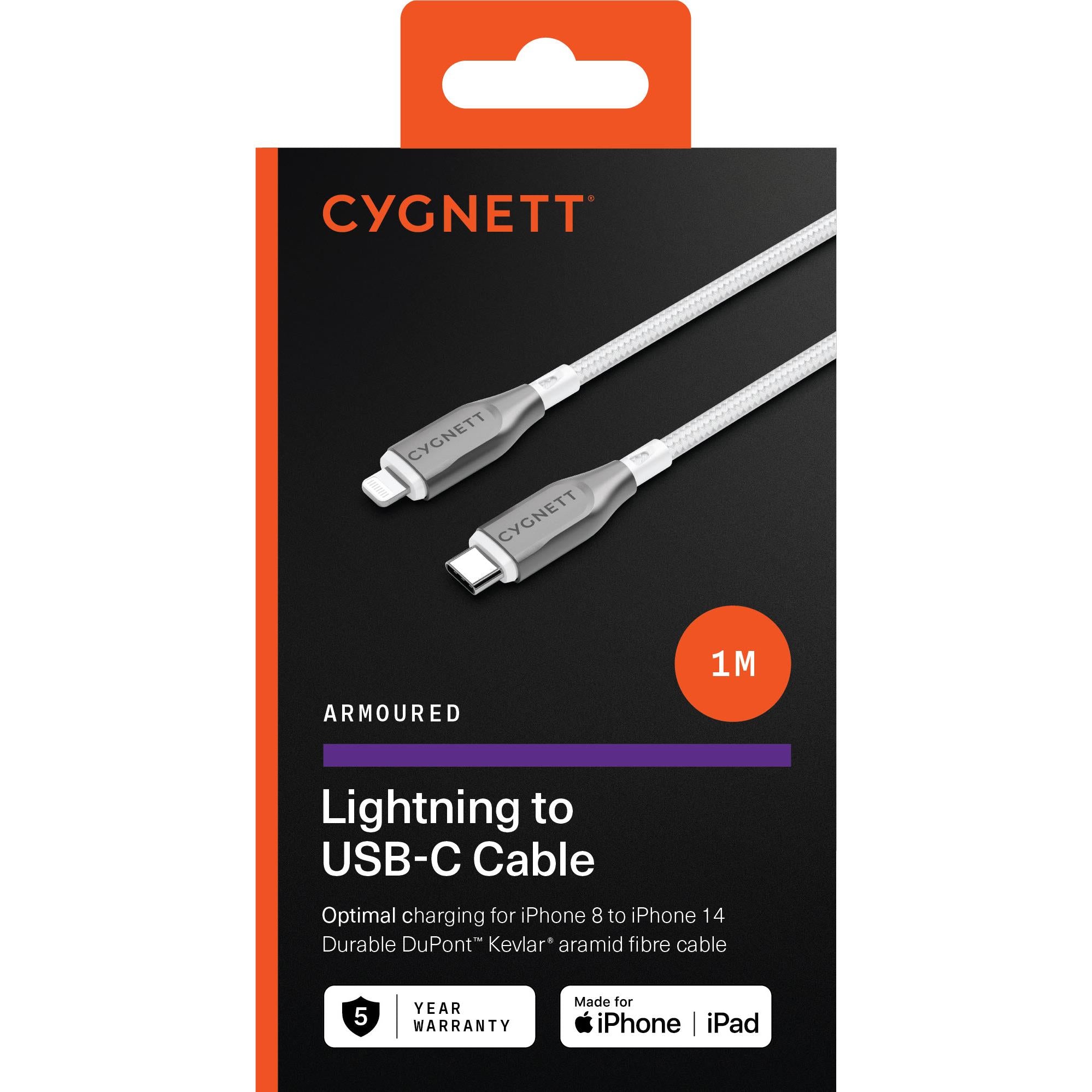 Cygnett Armoured Lightning to USB-C Cable [1m] (White)