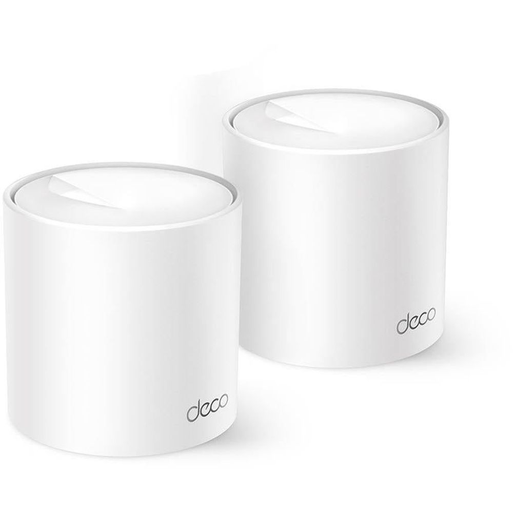 TP-Link Deco white mesh Wi-Fi router nodes, two cylindrical units with deco logos