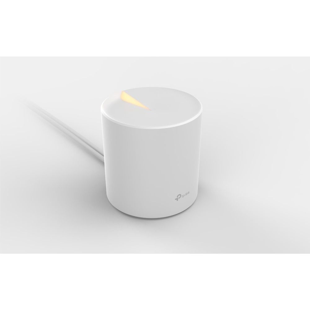 TP-Link Deco white mesh Wi-Fi router node with glowing indicator and cable connection