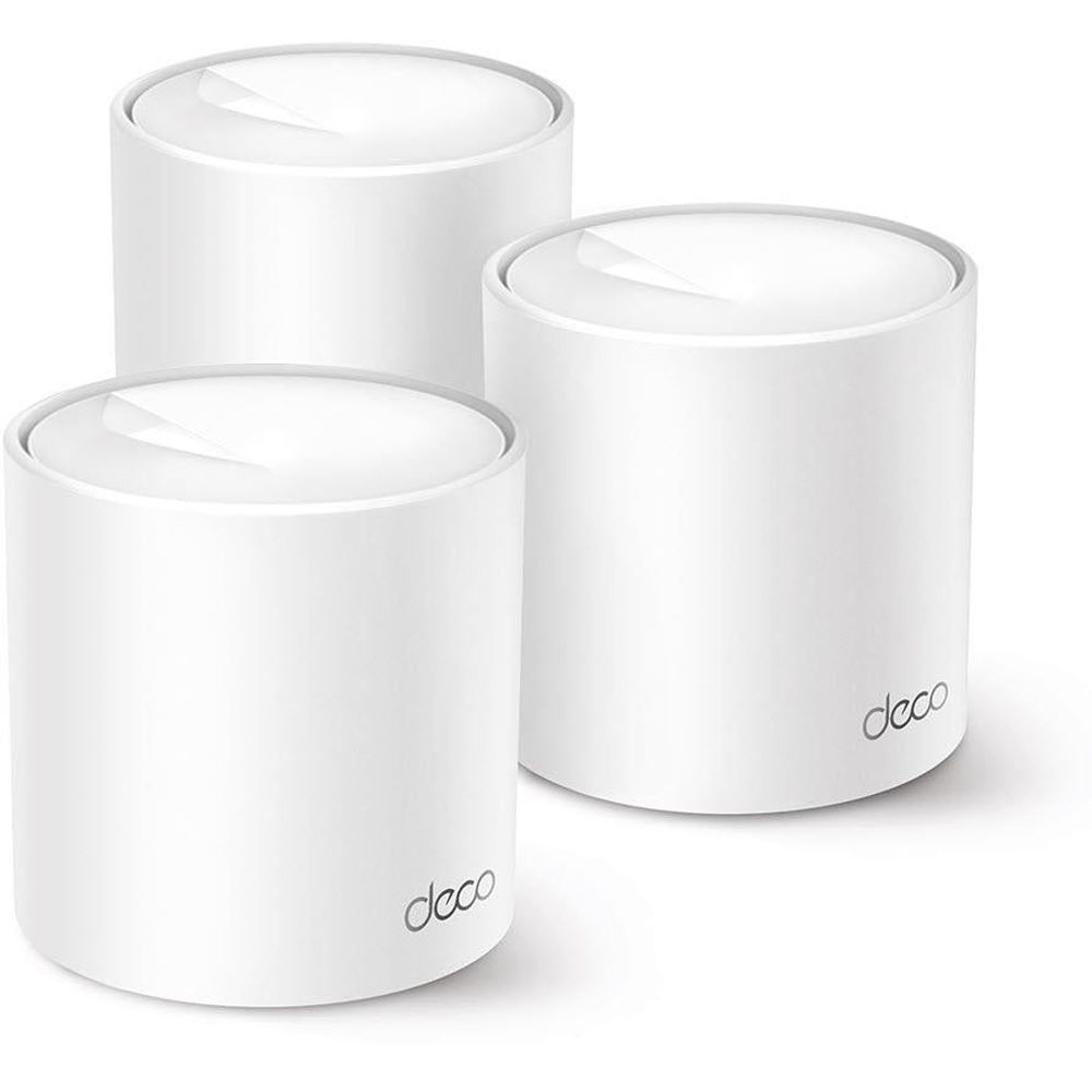 White TP-Link Deco mesh Wi‑Fi router pods, 3‑pack, cylindrical, with Deco logo
