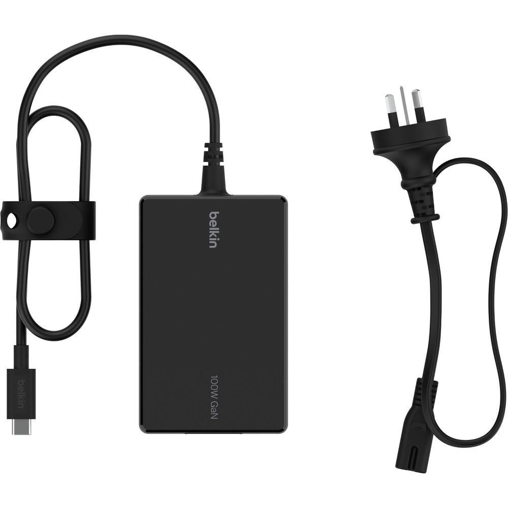 Compact black USB-C GaN power adapter with USB-C cable and two-pin plug