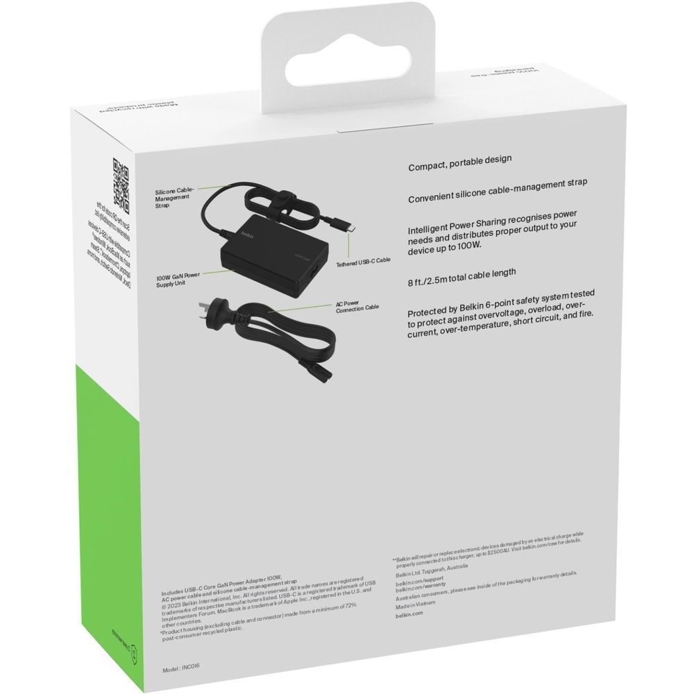 Back of Belkin Connect USB-C GaN power adapter retail box showing cable details