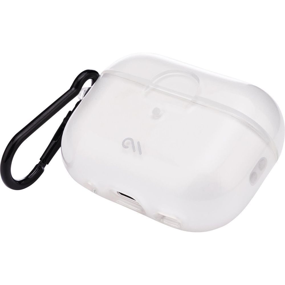 Clear AirPods Pro case with carabiner clip, angled view showing open case interior.