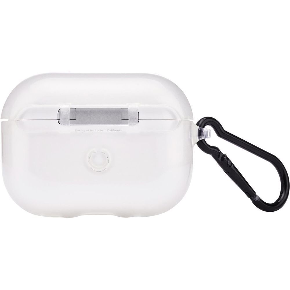 Clear AirPods Pro case with carabiner clip, back view showing attachment point.