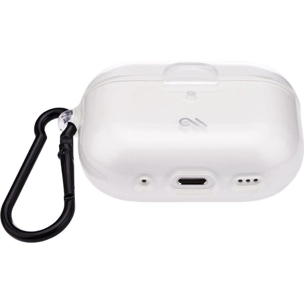 Clear AirPods Pro case with carabiner clip, bottom view with charging and speaker ports.