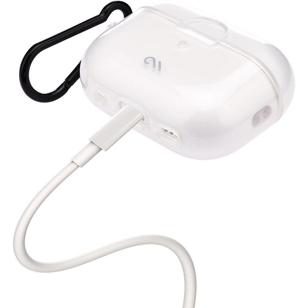 Clear AirPods Pro case with carabiner clip, charging cable inserted into side port.