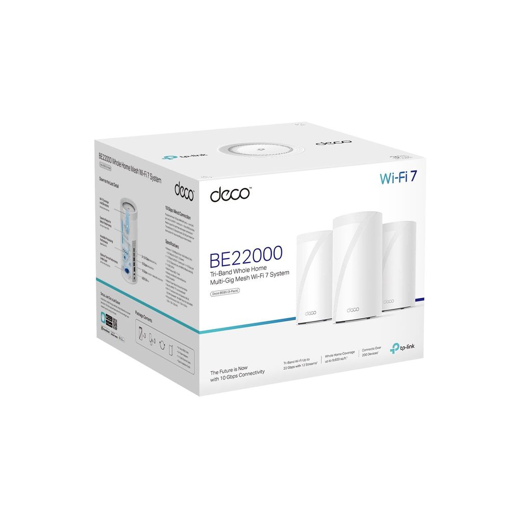 White Wi‑Fi 7 mesh system box showing BE22000 and Deco BE85