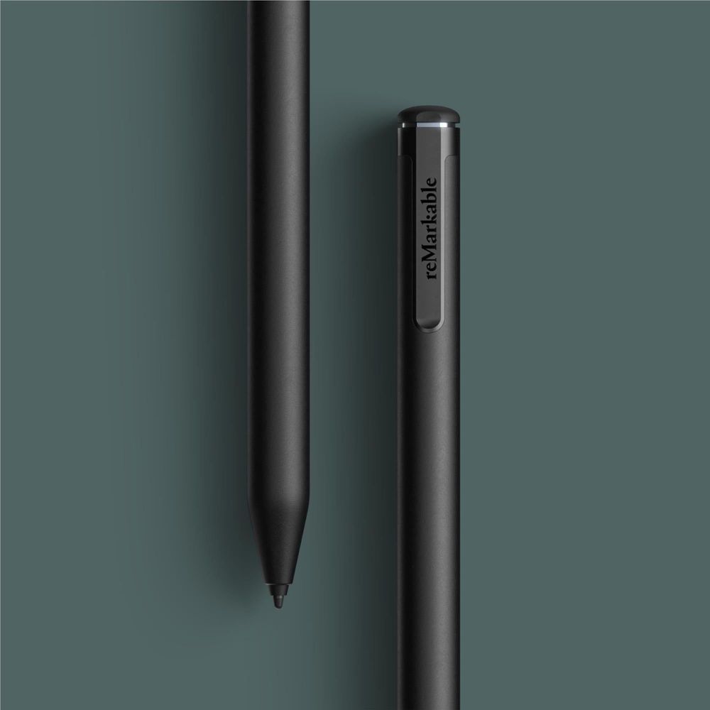 Pair of reMarkable stylus markers, black bodies with pointed tips
