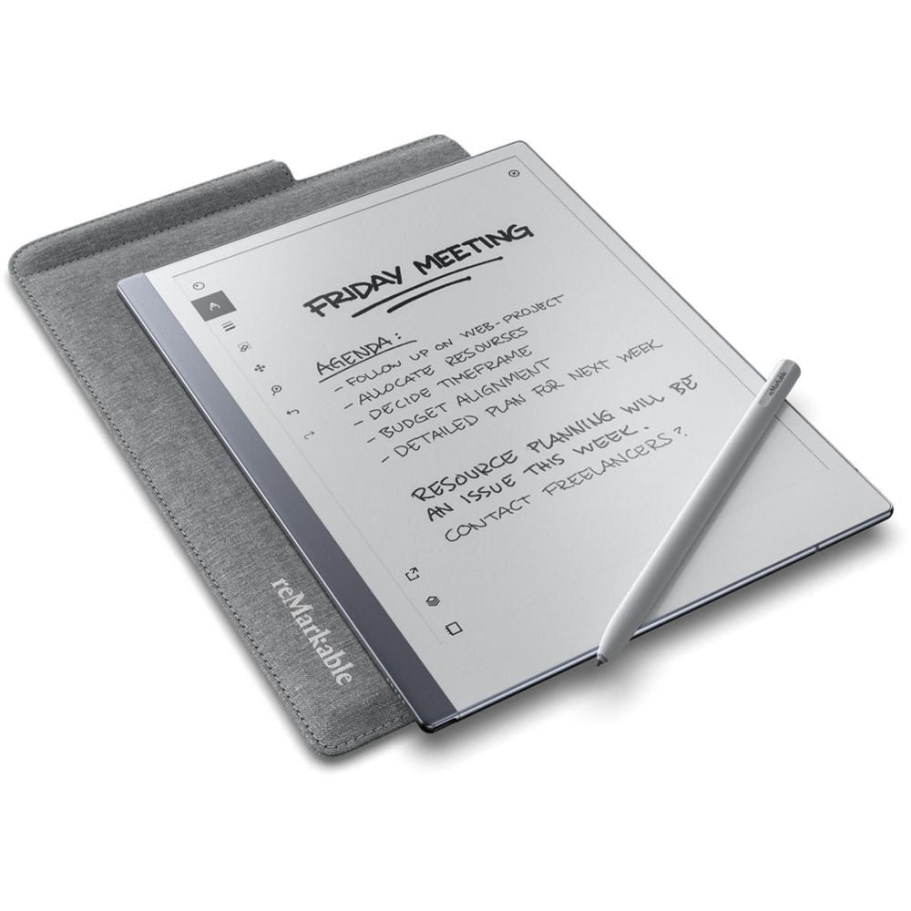 Grey polymer-weave folio case for reMarkable tablet, cover open with notes