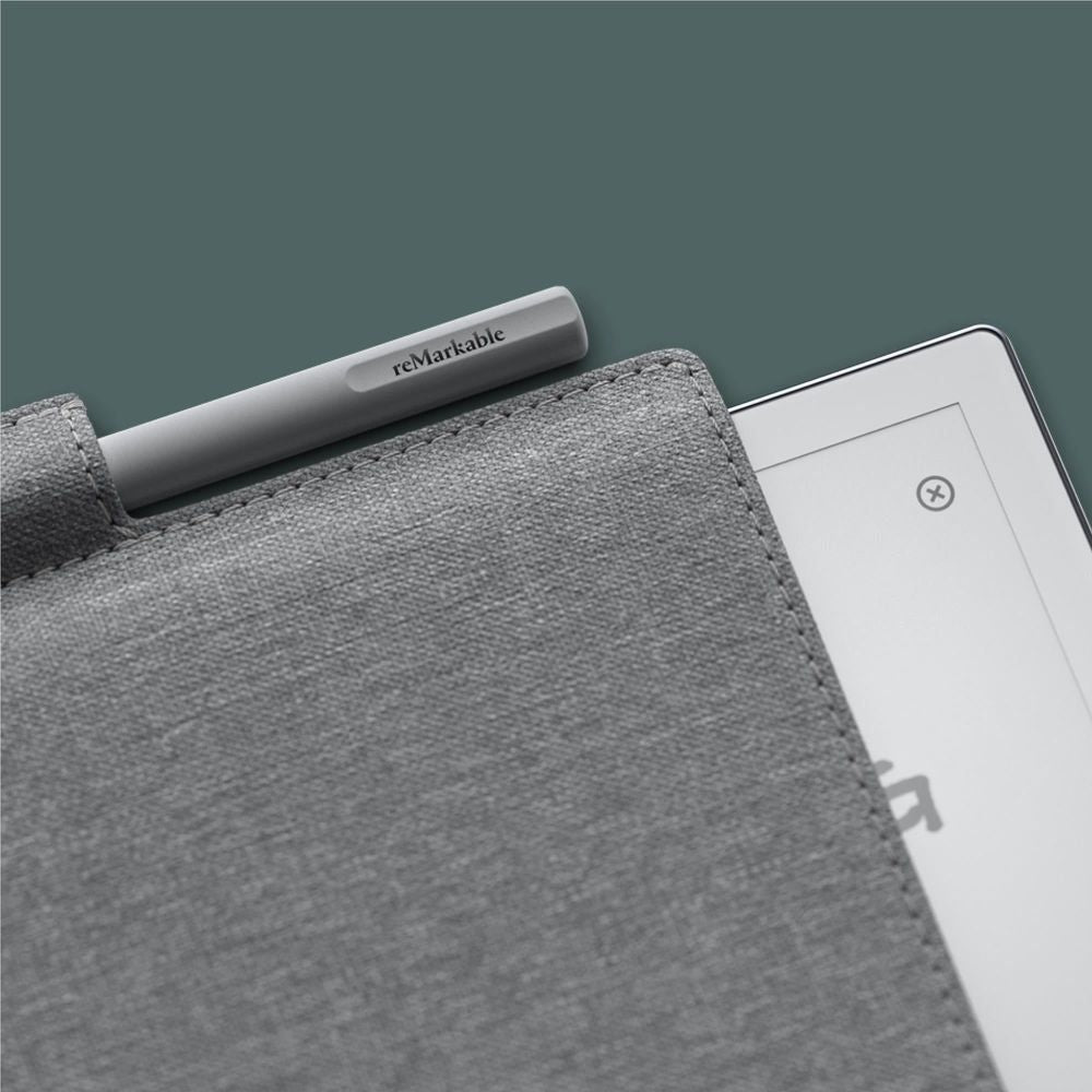 Grey polymer-weave folio case with stylus holder and close-up fabric texture