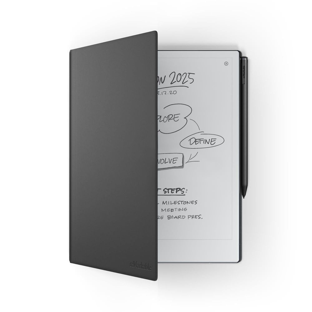 Black leather book folio cover for reMarkable 2 tablet, shown open with screen inside