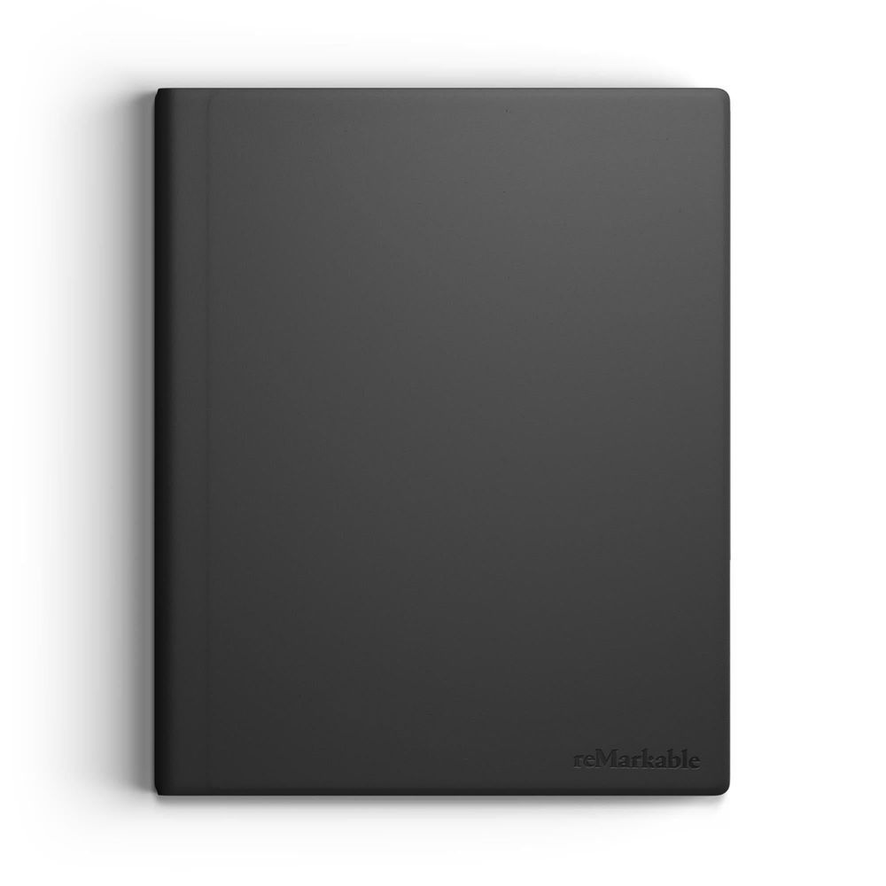 Black leather book folio cover for reMarkable 2 tablet, closed