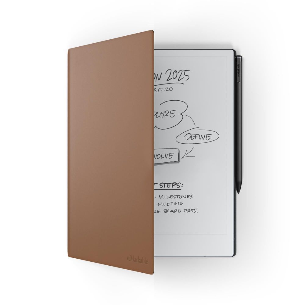 Brown leather book-style folio cover for tablet, front closed