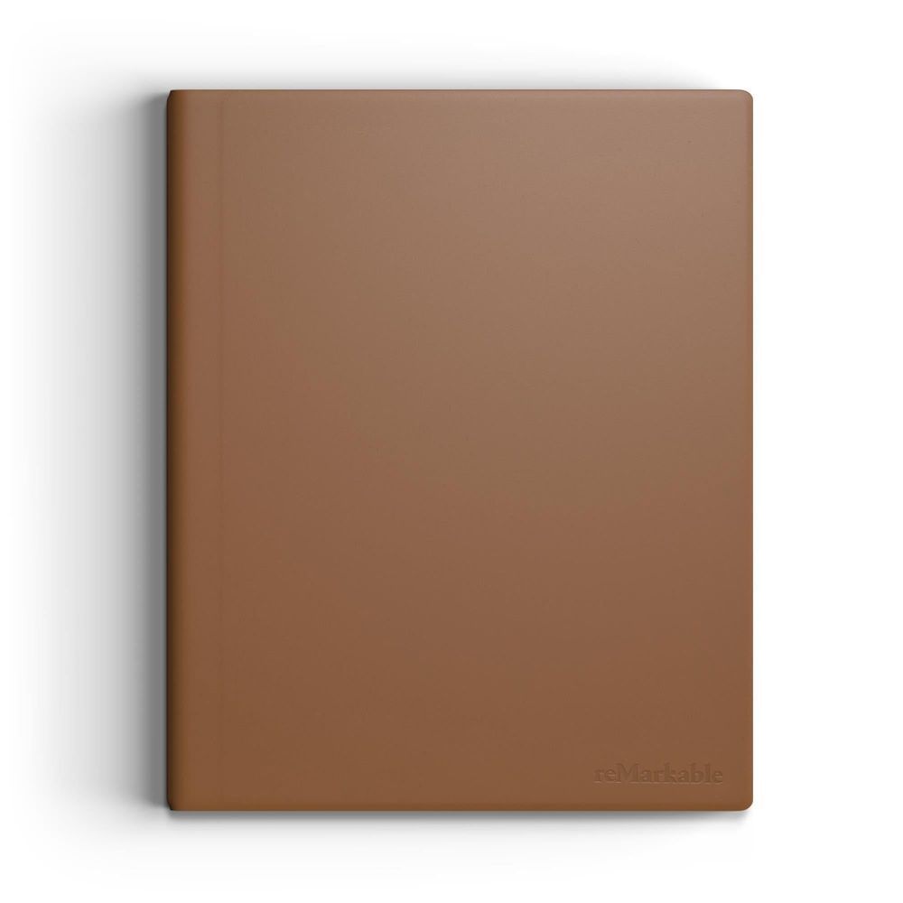 Brown leather book folio, flat view with embossed reMarkable logo