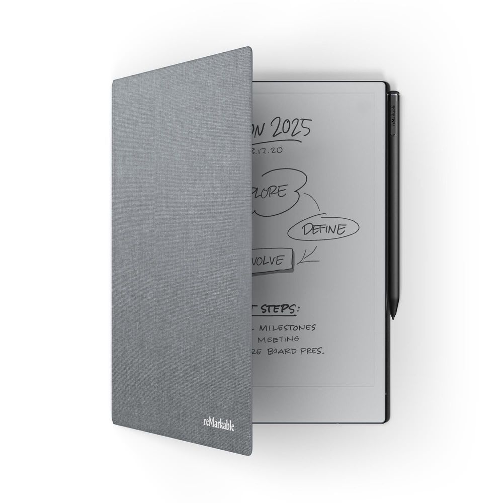 Grey polymer weave book folio with front flap, holding a paper tablet