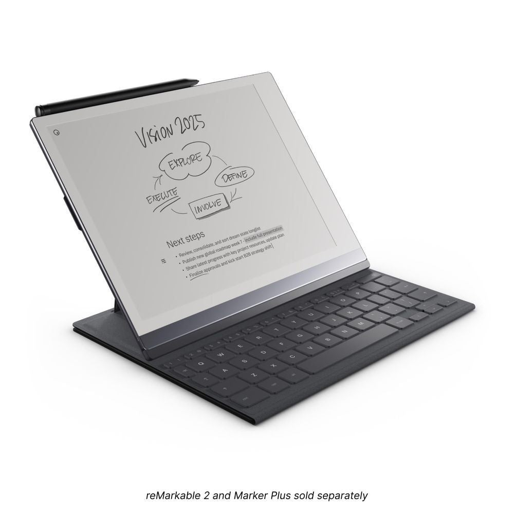 Type Folio keyboard cover in stand mode with dark QWERTY keys and tablet