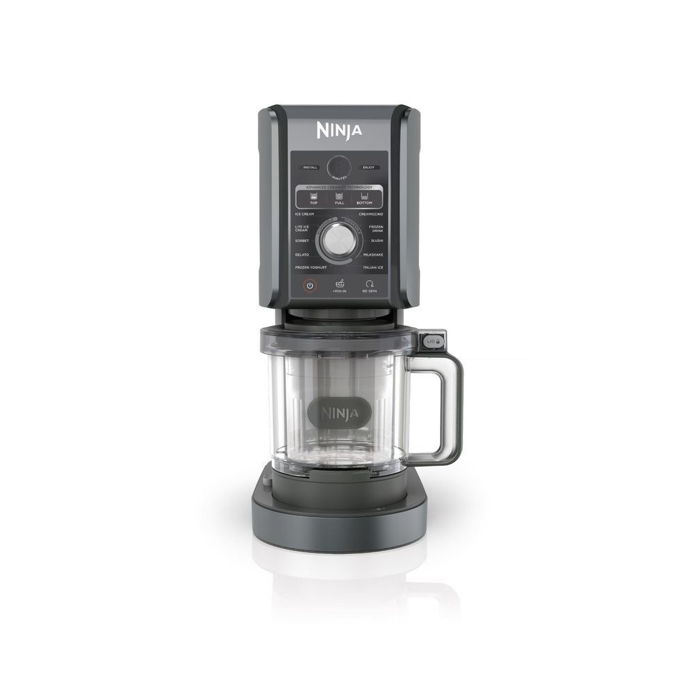 Ninja ice cream maker with transparent mixing chamber and side handle