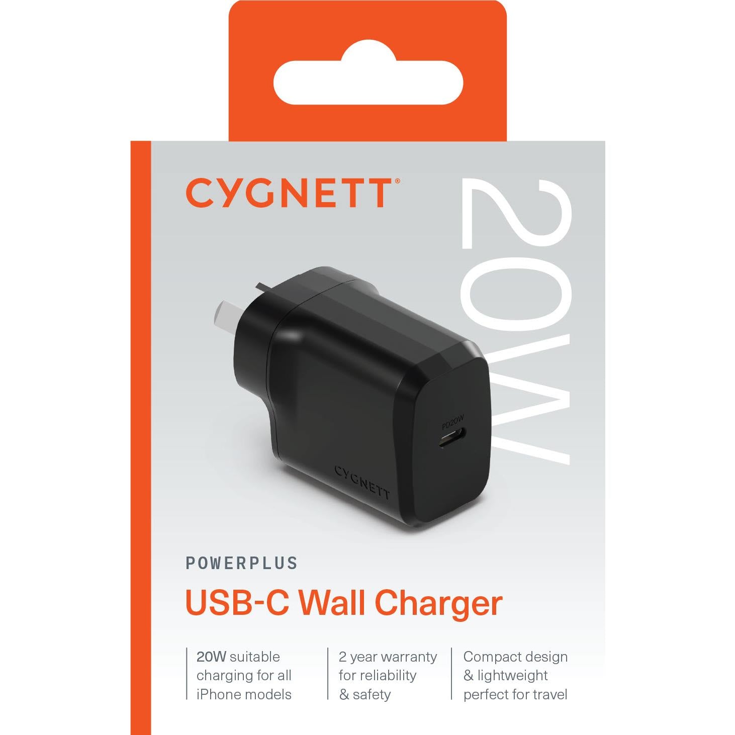 Cygnett PowerPlus 20W Single Port USB-C Wall Charger (Black)