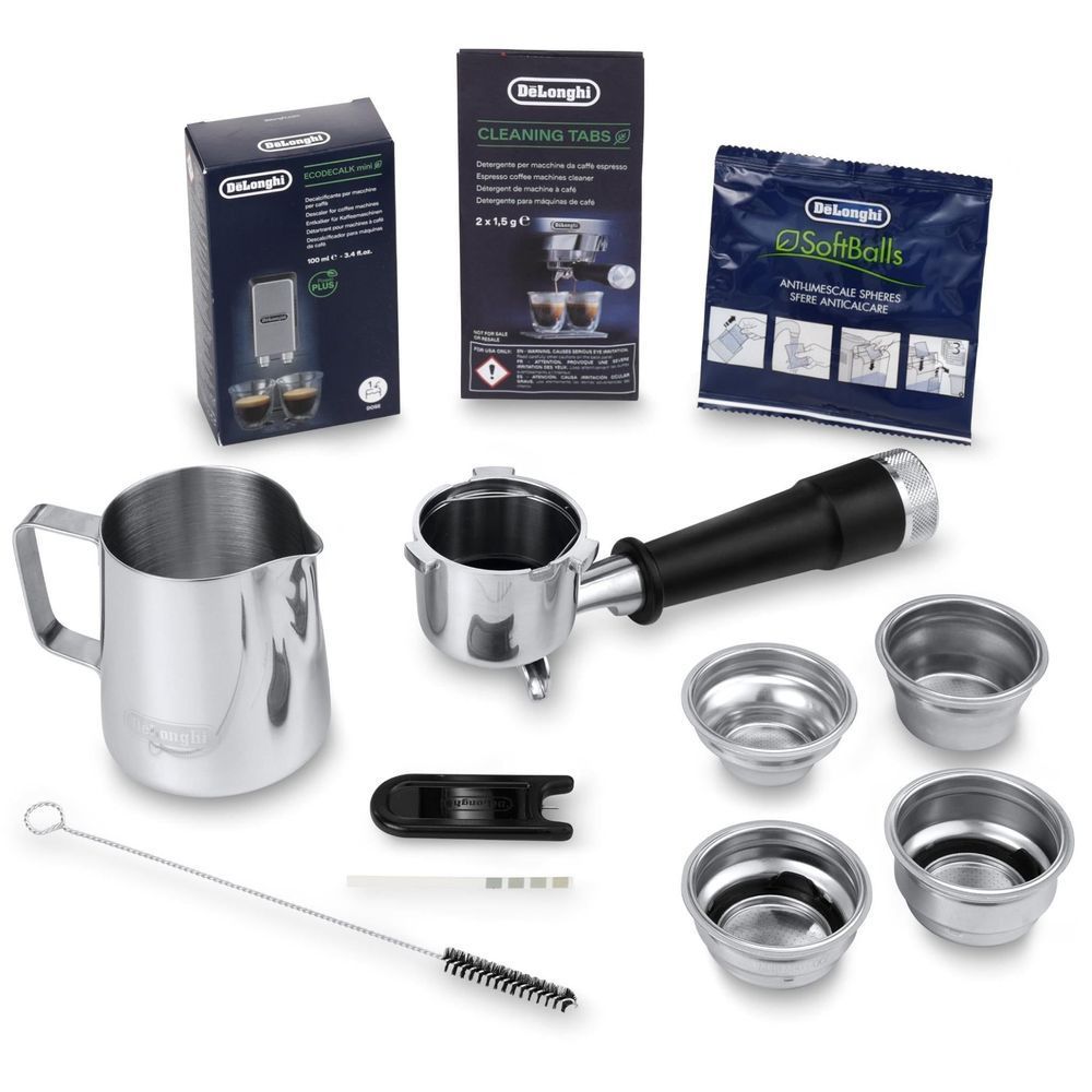 Espresso machine accessories set: cleaning tabs, softballs, cups, portafilter, tools