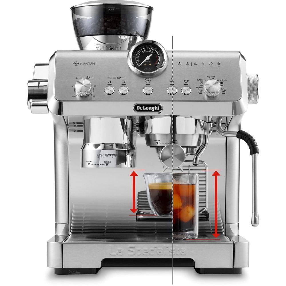 Stainless steel espresso machine front view with two cup positions and brew area
