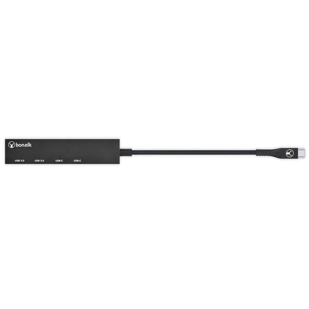 Black USB-C multiport hub on braided cable, port panel facing out
