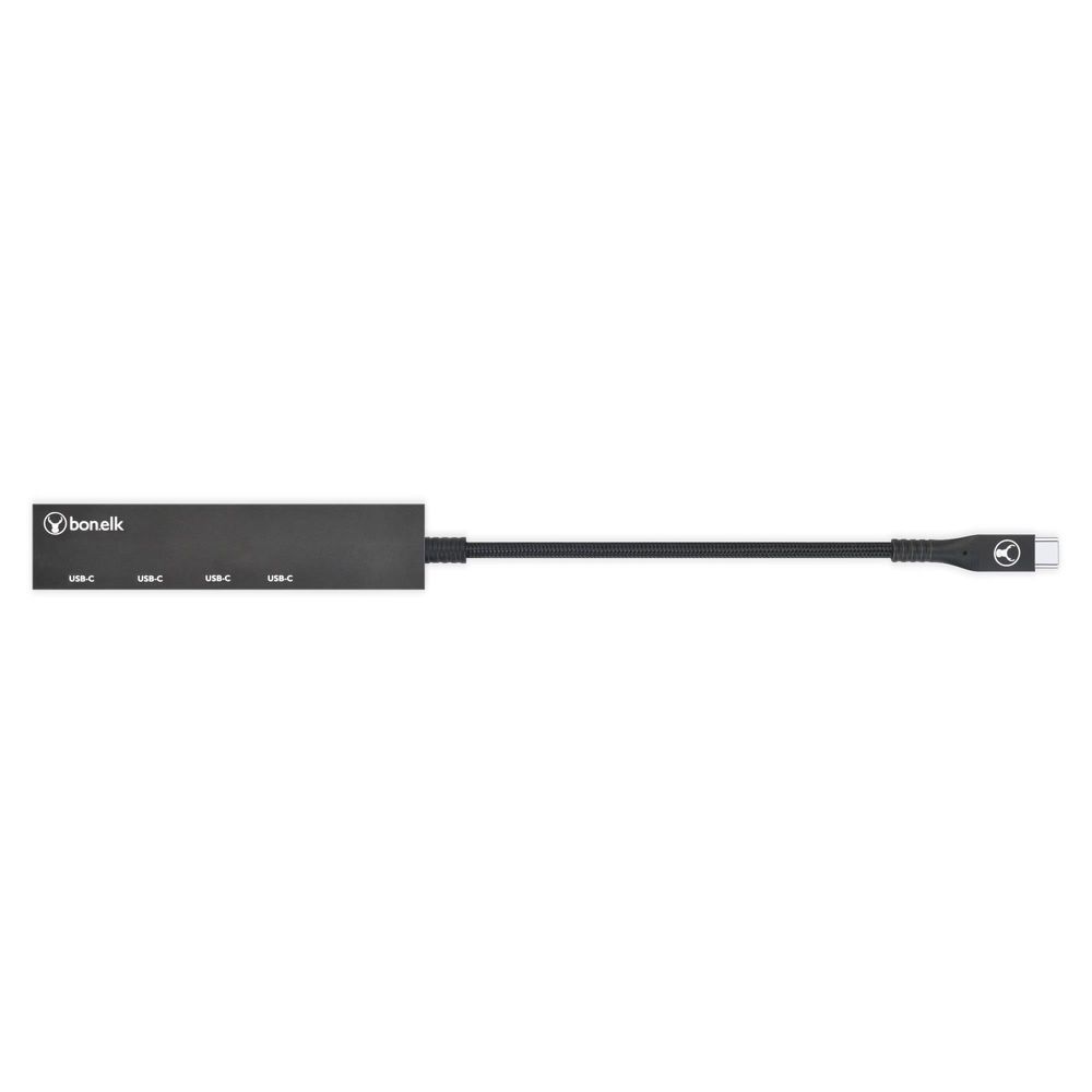 Black USB-C hub with long braided cable, four ports on narrow body