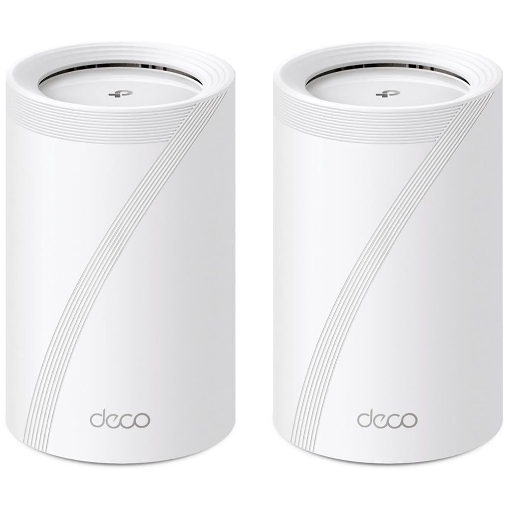 Deco white mesh Wi‑Fi router pod, dual-pack view, top vent and side lines