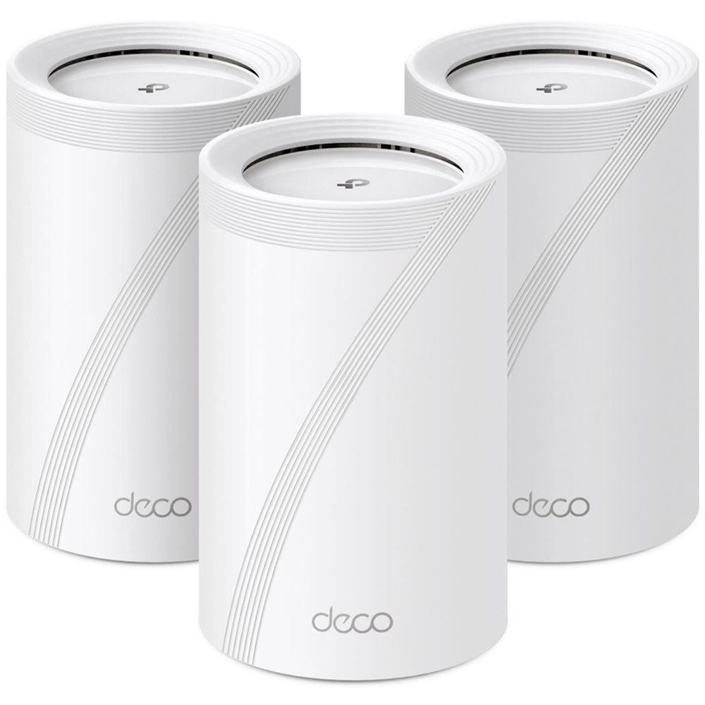 TP-Link Deco mesh Wi‑Fi nodes, white cylindrical units; three-pack with diagonal stripe design