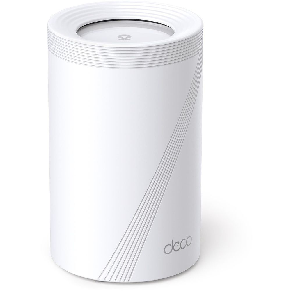 TP-Link Deco mesh Wi‑Fi node, white cylindrical body with diagonal stripe detail