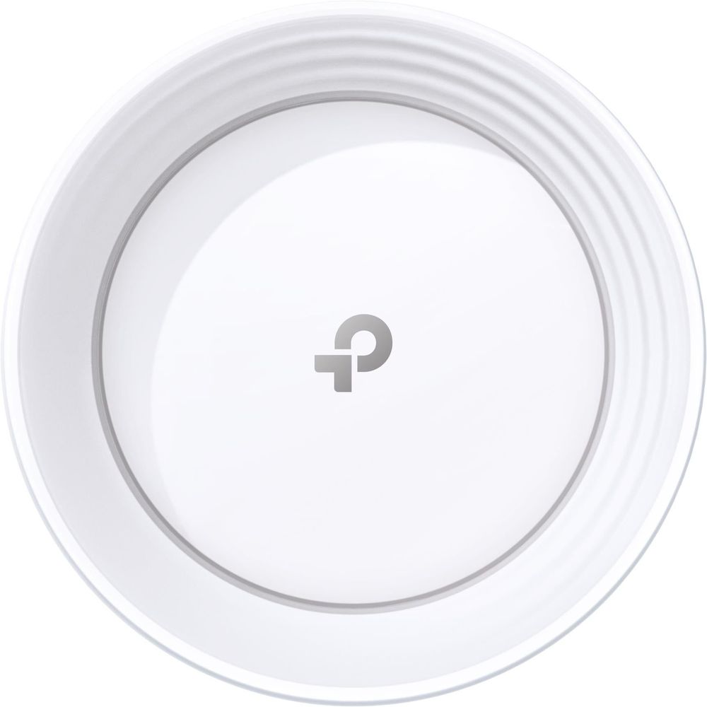 TP-Link Deco mesh Wi‑Fi node top view, white circular housing with center power icon