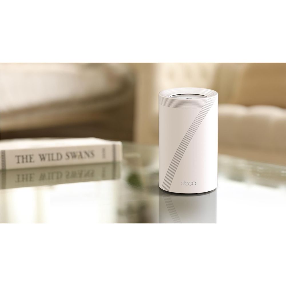 TP-Link Deco mesh Wi‑Fi node, white cylinder with diagonal stripe pattern